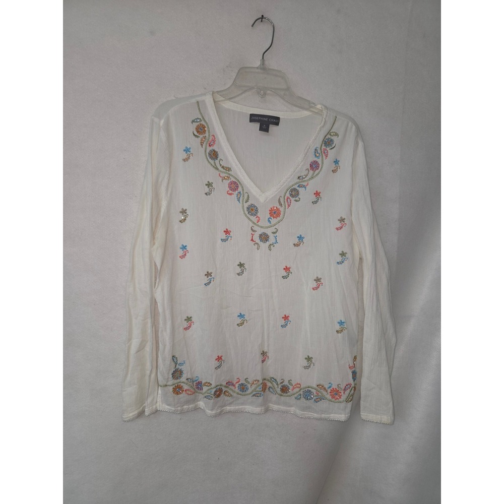 Josephine Chaus Blouse Women 16 White‎ Embroidered Cotton Gauze Boho V-Neck Top